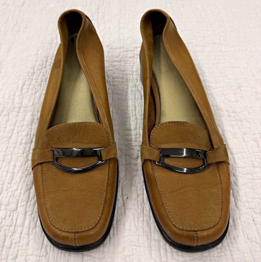 Aerosoles Women’s Brown Leather Slip-On Loafer Low Wedge Buckle Comfort 8M As Is